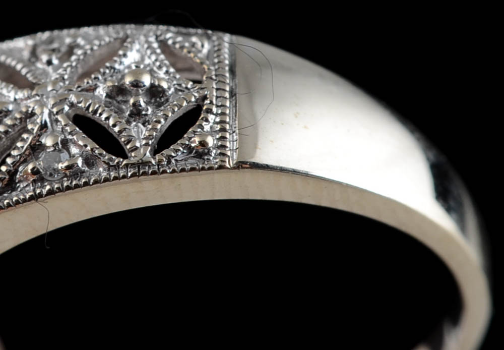 10K White Gold Cultured Pearl and Diamond Openwork Ring