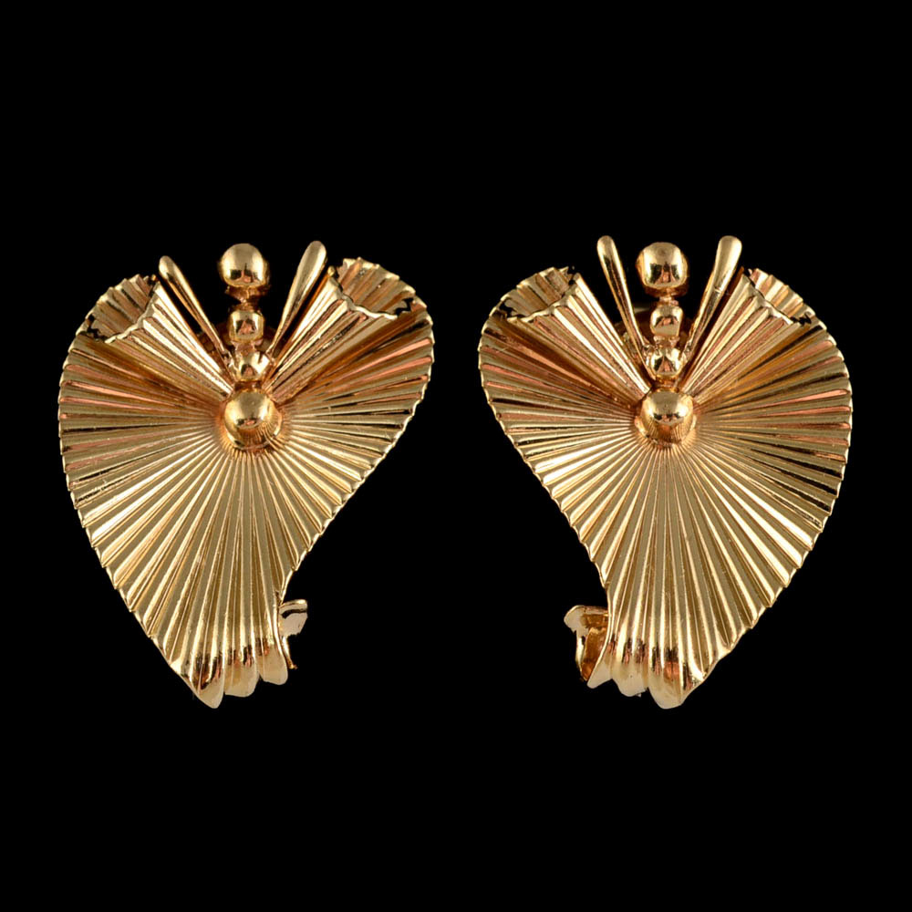 Mid-Century 14K Yellow Gold Fluted Clip-On Earrings