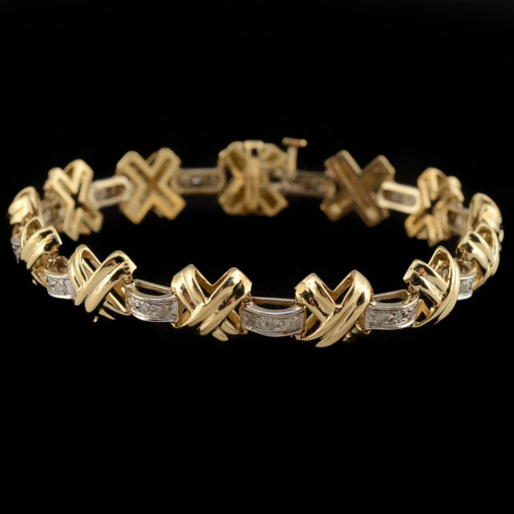 14K Two Tone Gold and Diamond X-Link Bracelet