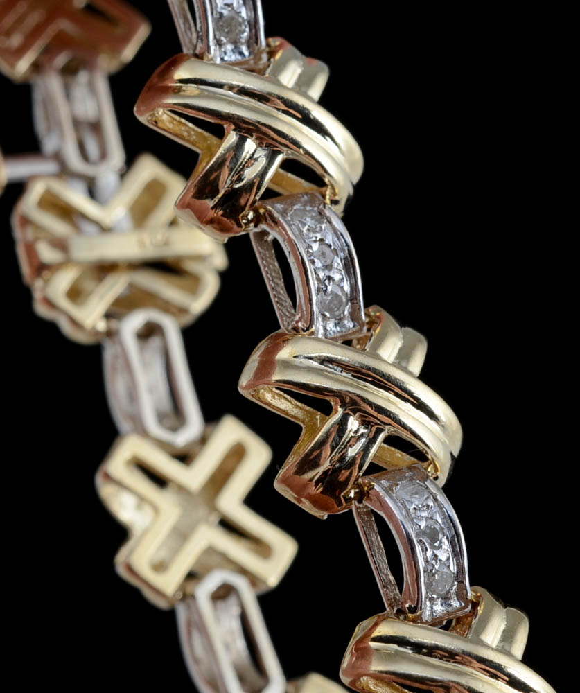 14K Two Tone Gold and Diamond X-Link Bracelet