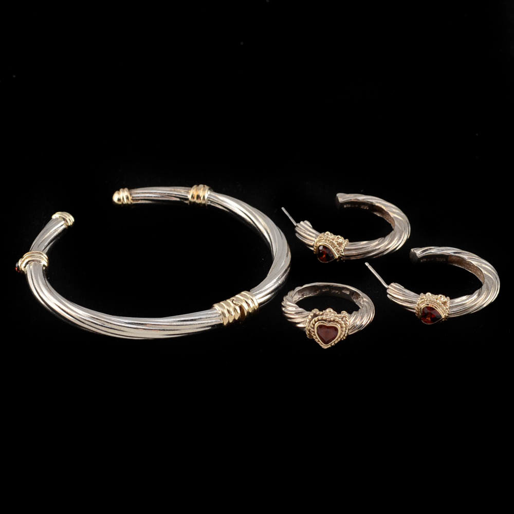Sterling Silver, 14K Yellow Gold and Garnet Cuff, Earrings, and Ring Set
