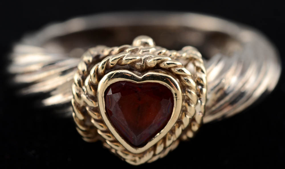 Sterling Silver, 14K Yellow Gold and Garnet Cuff, Earrings, and Ring Set