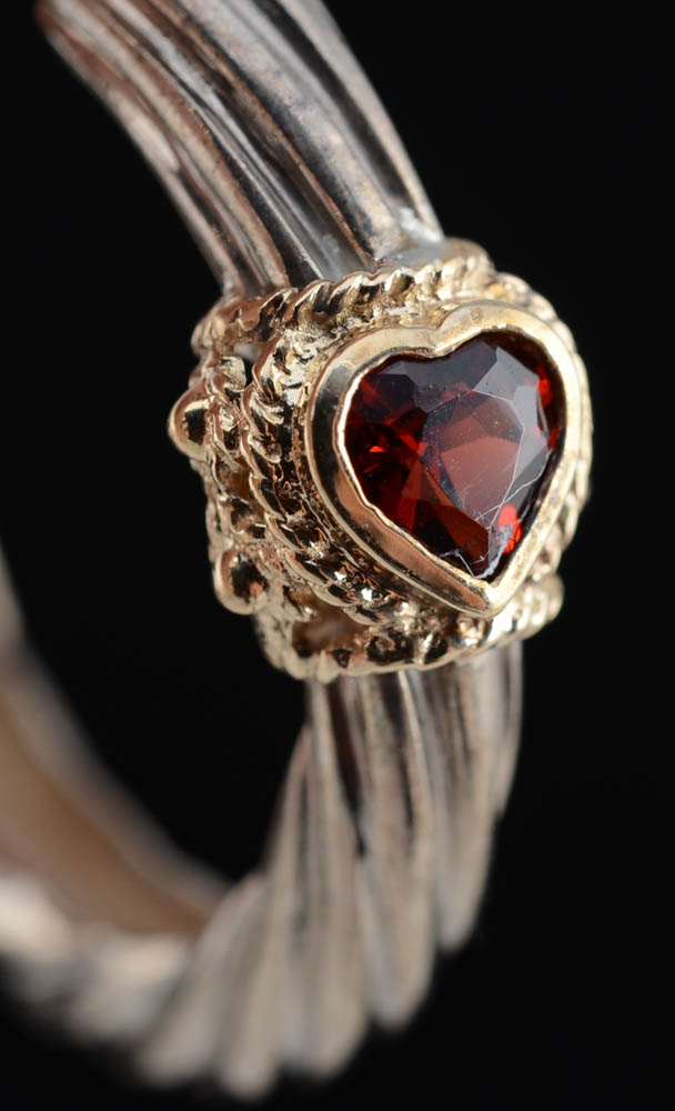 Sterling Silver, 14K Yellow Gold and Garnet Cuff, Earrings, and Ring Set