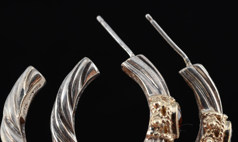 Sterling Silver, 14K Yellow Gold and Garnet Cuff, Earrings, and Ring Set