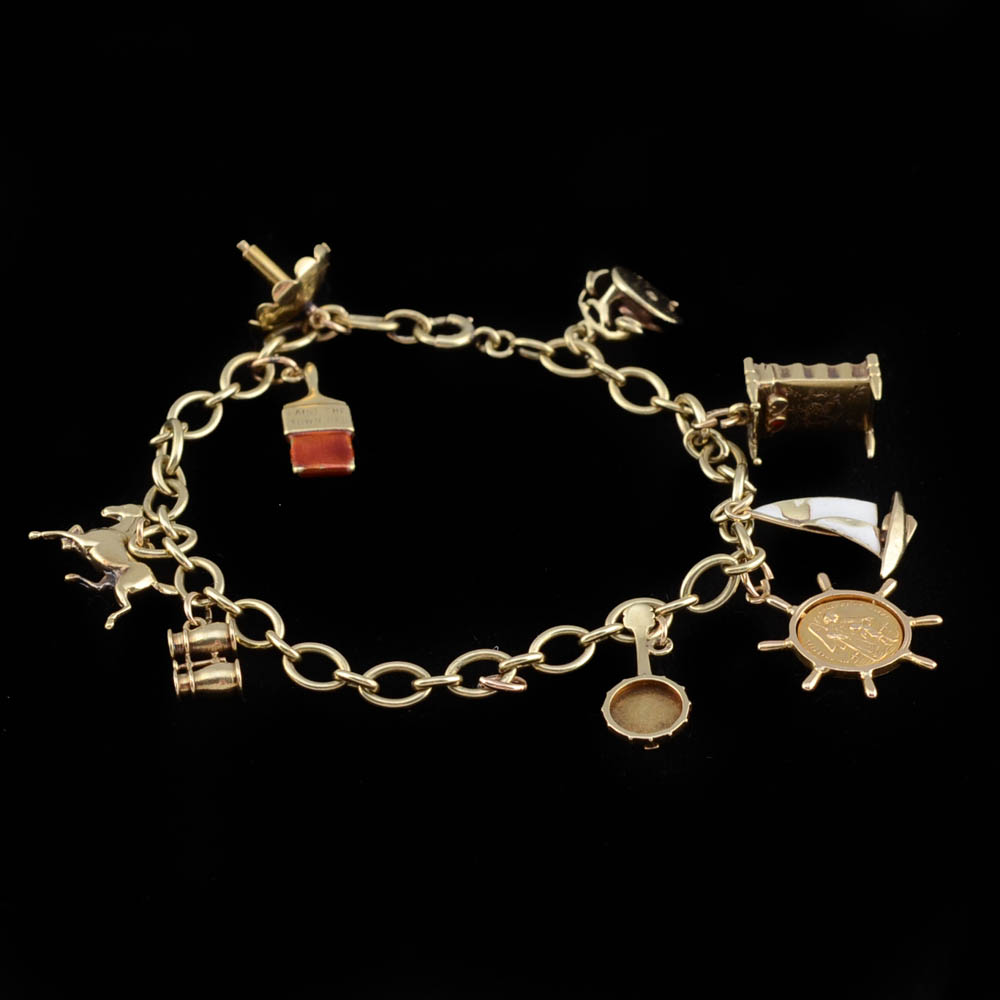 Vintage 14K Yellow Gold Charm Link Bracelet with Nine 14K Charms