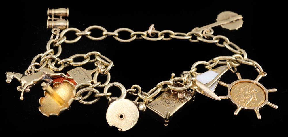 Vintage 14K Yellow Gold Charm Link Bracelet with Nine 14K Charms