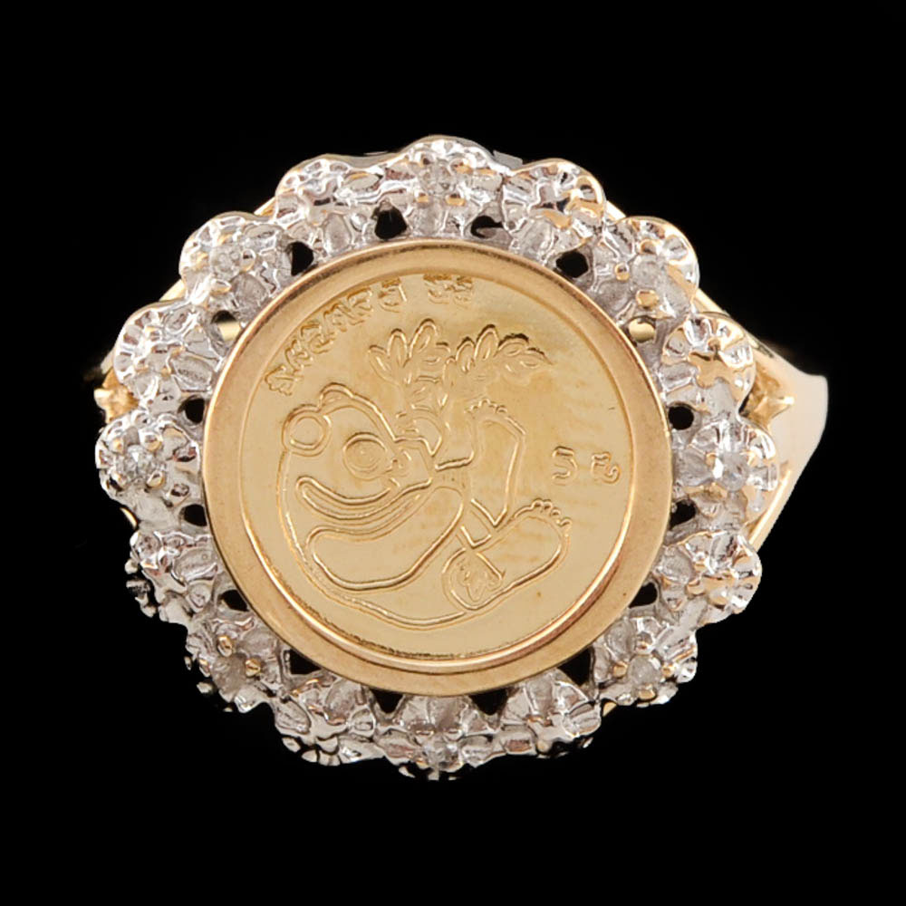 10K Yellow Gold Diamond Ring with a 10K Yellow Gold Chinese Panda Coin Style Design
