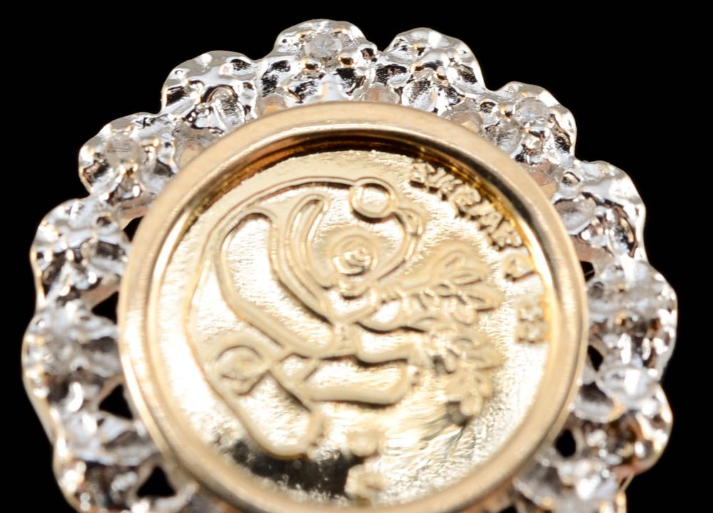 10K Yellow Gold Diamond Ring with a 10K Yellow Gold Chinese Panda Coin Style Design