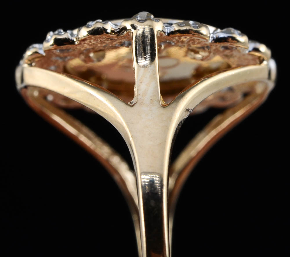 10K Yellow Gold Diamond Ring with a 10K Yellow Gold Chinese Panda Coin Style Design