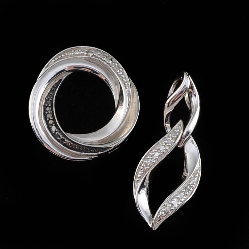 Two Sterling Silver and Diamond Openwork Slide Pendants