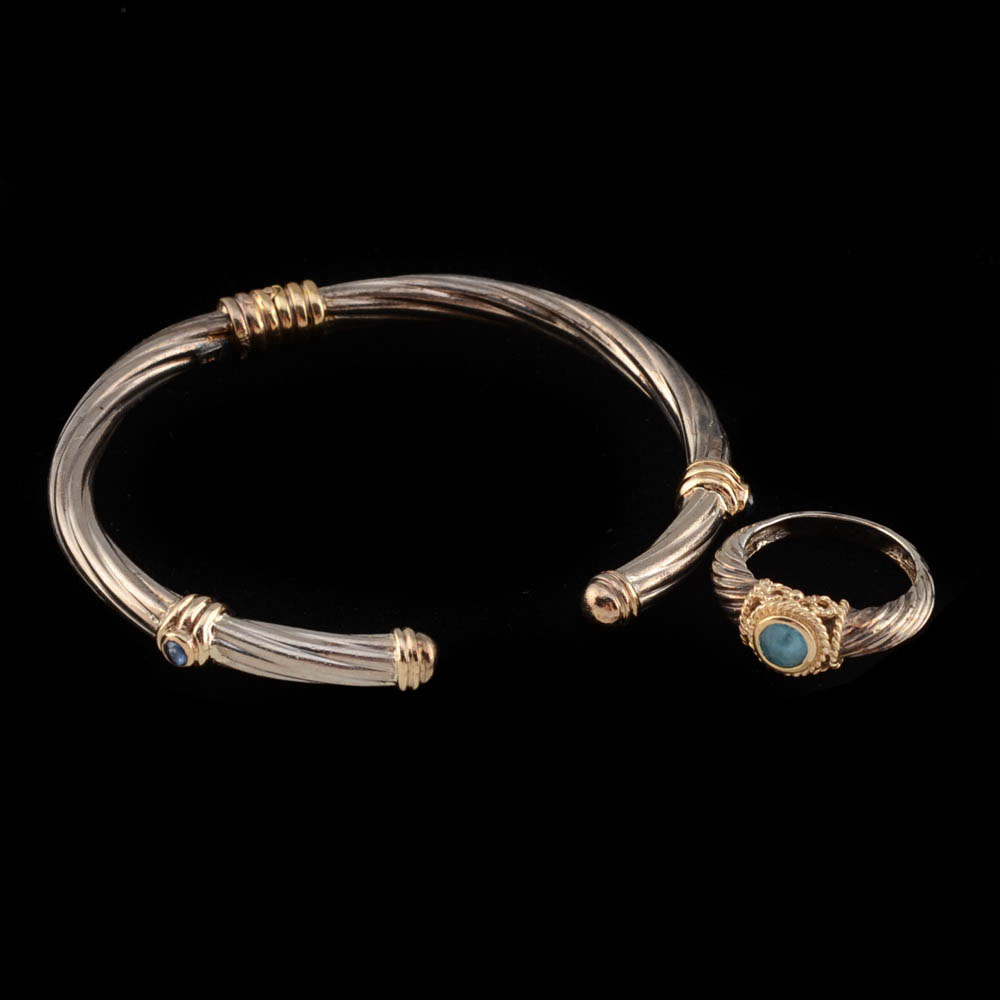 Sterling, 14K Yellow Gold and Blue Sapphire Hinged Cuff and a Sterling and 14K Blue Topaz Ring