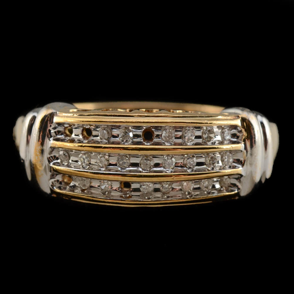 10K Two Tone Gold Triple Row Diamond "MOM" Openwork Band, Missing Stones