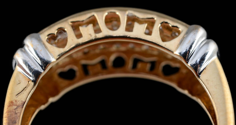 10K Two Tone Gold Triple Row Diamond "MOM" Openwork Band, Missing Stones