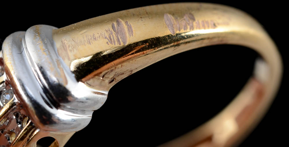 10K Two Tone Gold Triple Row Diamond "MOM" Openwork Band, Missing Stones