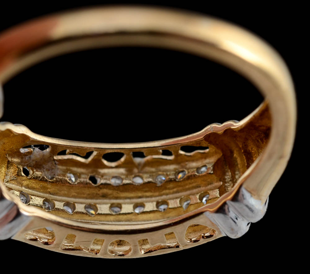 10K Two Tone Gold Triple Row Diamond "MOM" Openwork Band, Missing Stones