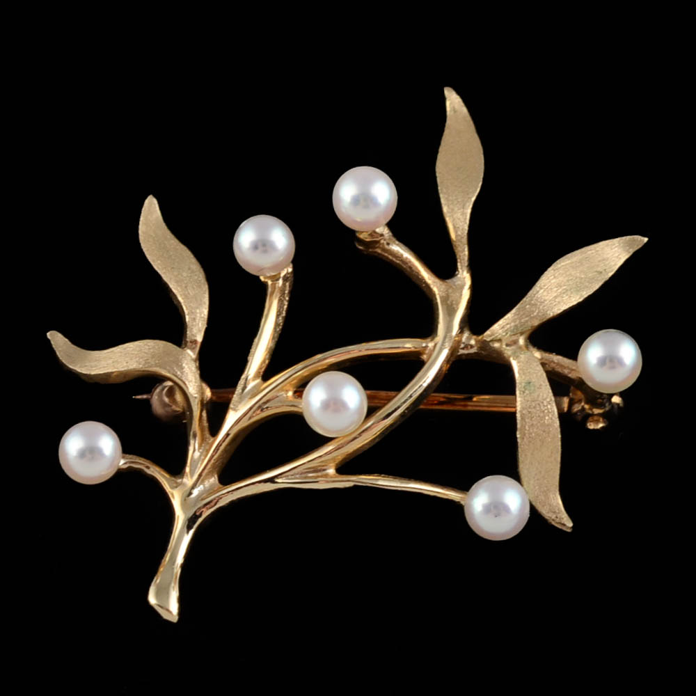 Vintage 14K Yellow Gold Cultured Pearl Stylized Foliate Pin