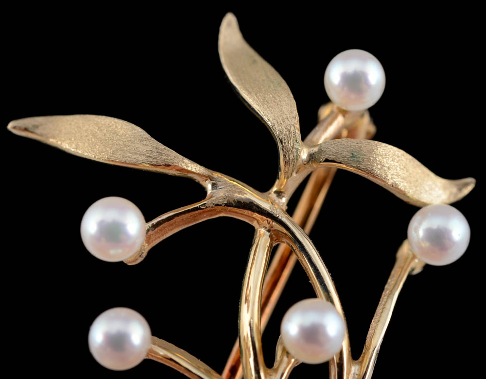 Vintage 14K Yellow Gold Cultured Pearl Stylized Foliate Pin
