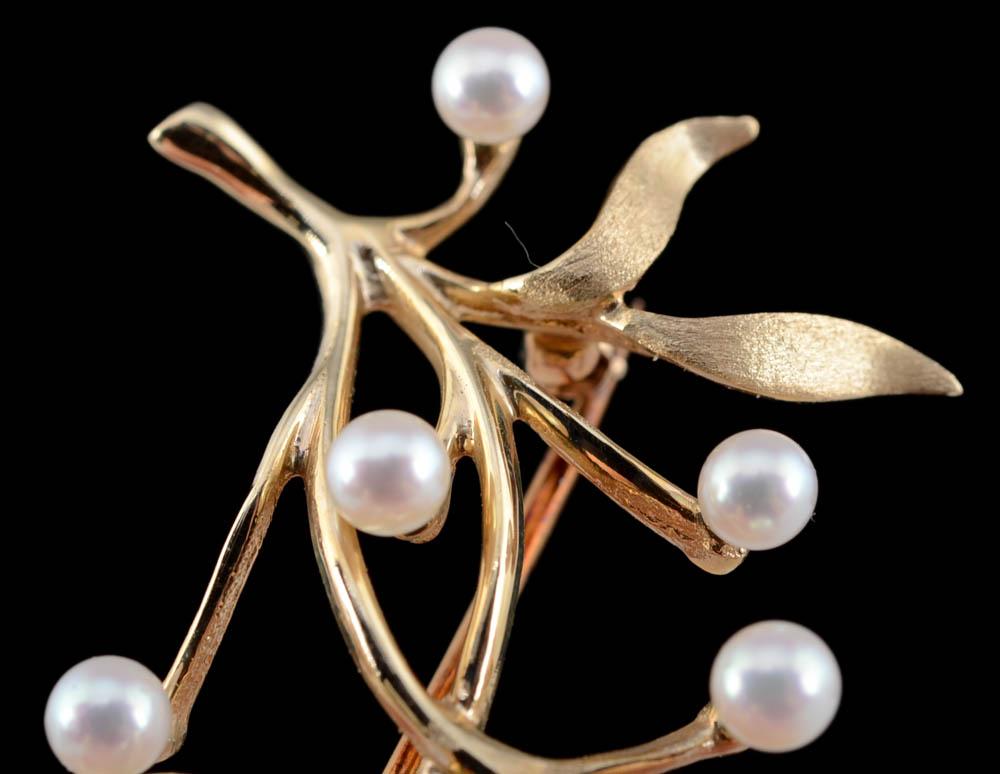 Vintage 14K Yellow Gold Cultured Pearl Stylized Foliate Pin