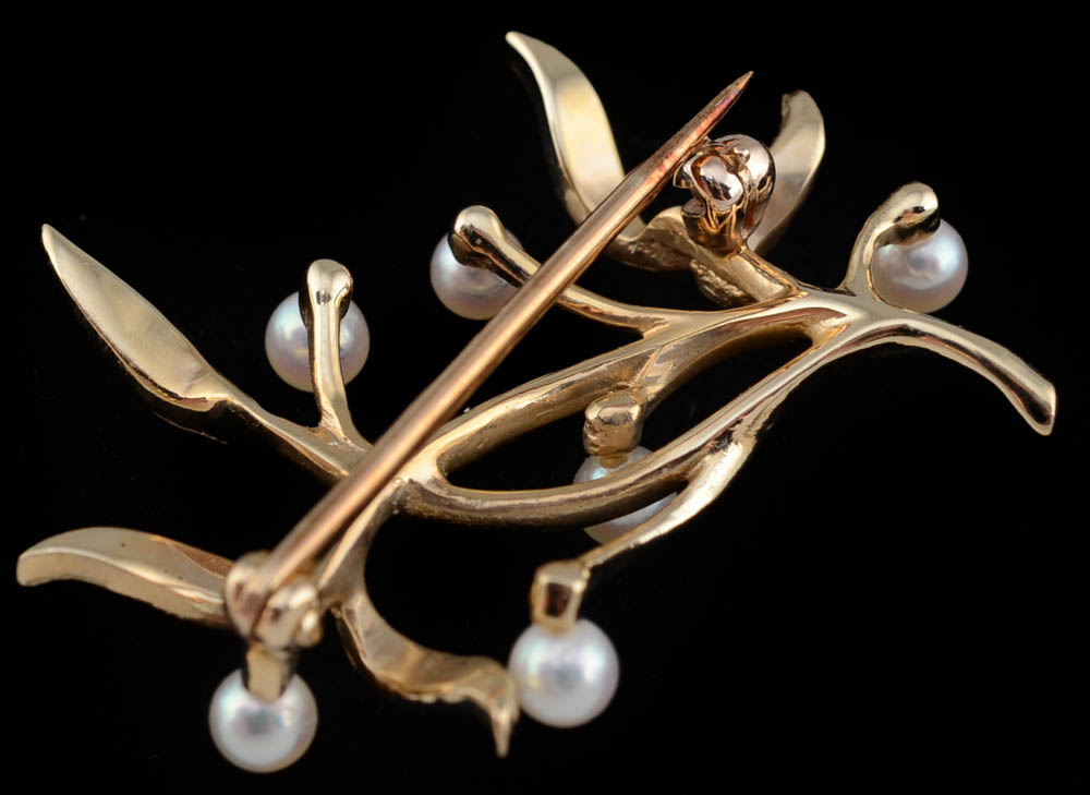 Vintage 14K Yellow Gold Cultured Pearl Stylized Foliate Pin