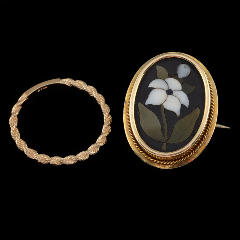 14K Yellow Gold Twist Wire Band and 14K Yellow Gold Italian Mosaic Oval Pin/Pendant