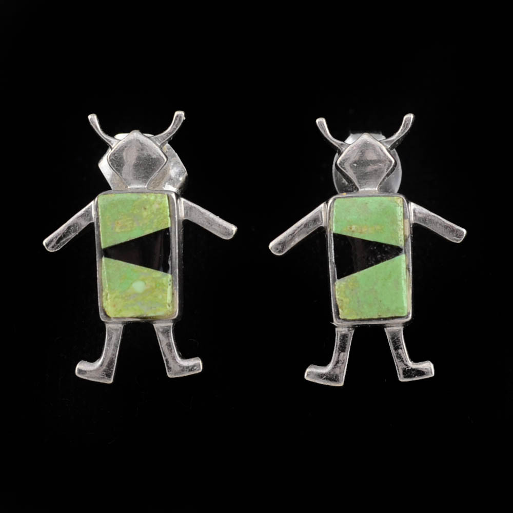 Southwestern Zuni Figural Sterling Silver Inlaid Pierced Earrings