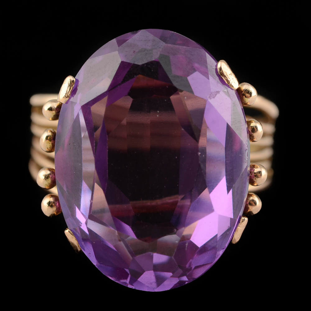 Mid-Century Vintage 14K Yellow Gold Imitation Alexandrite Cocktail Ring
