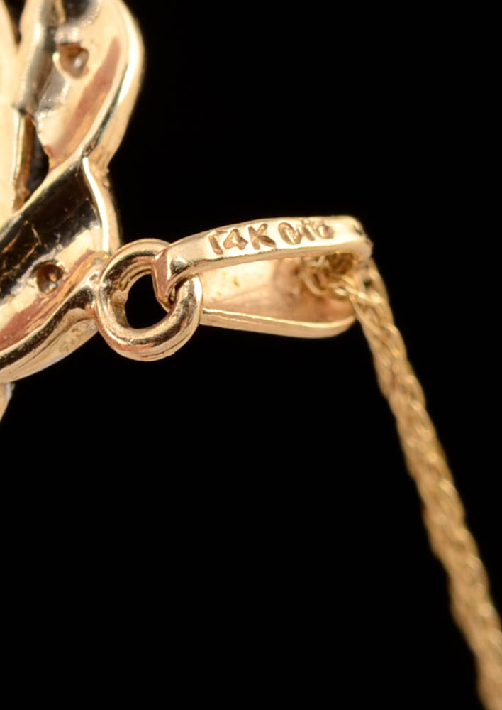 Modern 14K Yellow Gold Onyx Cameo and Diamond Dangle Pendant on 18" Chain