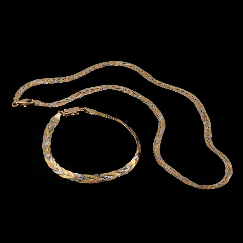 14K Tri-Tone Gold Woven Flat Herringbone Chain Necklace and Bracelet Set