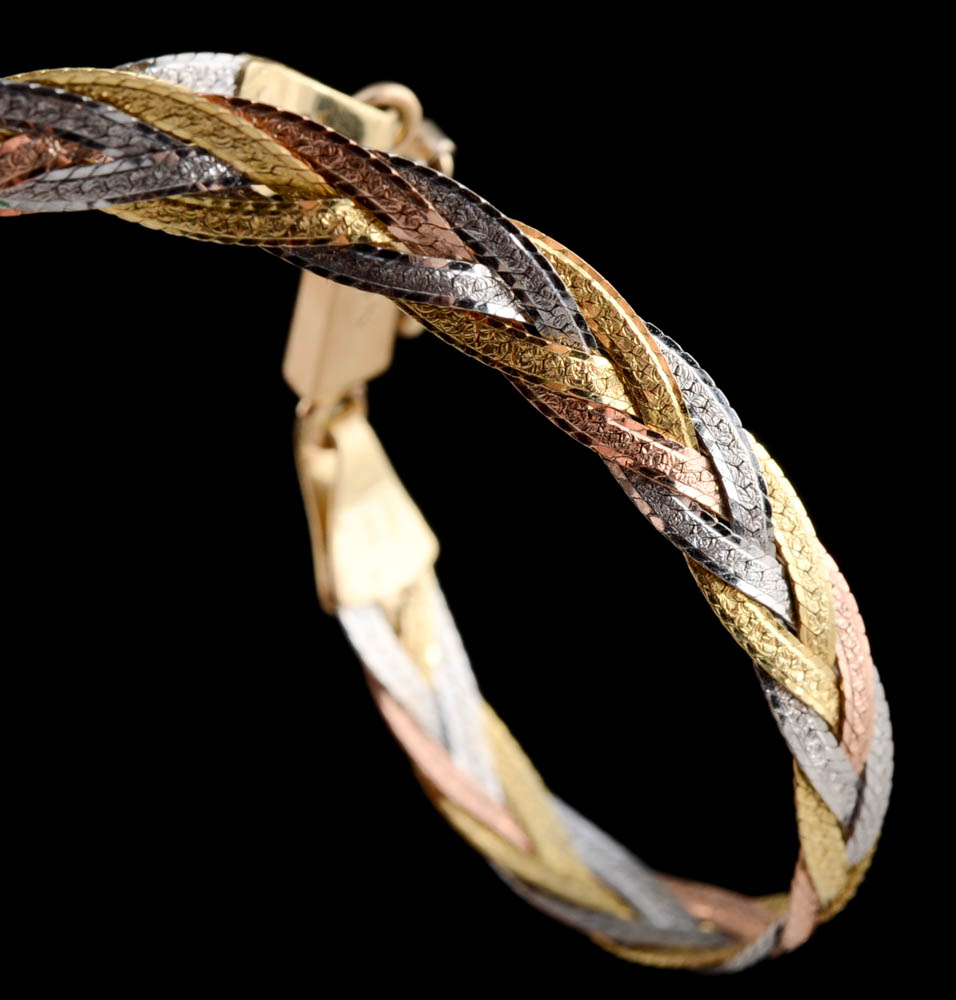 14K Tri-Tone Gold Woven Flat Herringbone Chain Necklace and Bracelet Set