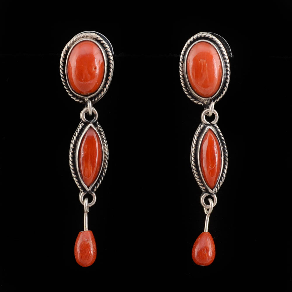 Jeanne & Felix Tsinijinnie Signed Native American Navajo Sterling Silver and Red Coral Dangle Earrings