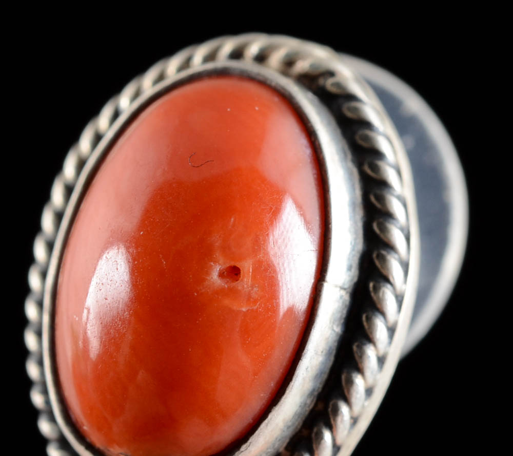 Jeanne & Felix Tsinijinnie Signed Native American Navajo Sterling Silver and Red Coral Dangle Earrings