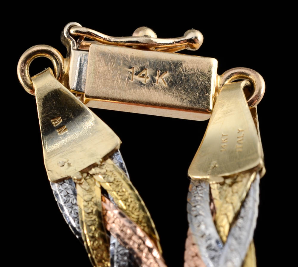 14K Tri-Tone Gold Woven Flat Herringbone Chain Necklace and Bracelet Set