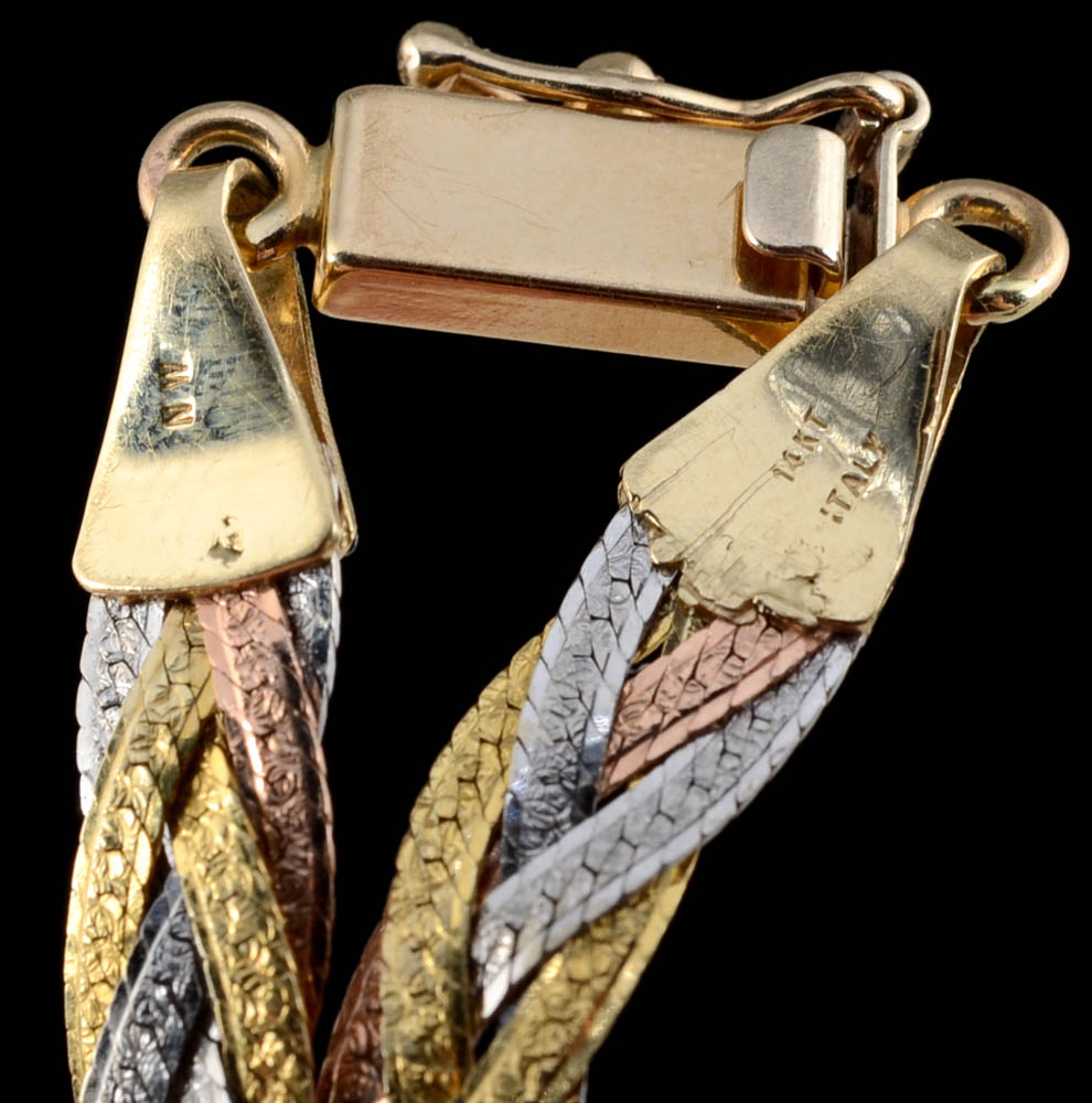 14K Tri-Tone Gold Woven Flat Herringbone Chain Necklace and Bracelet Set