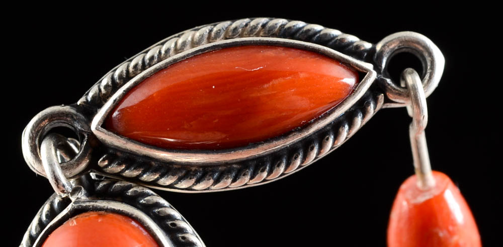 Jeanne & Felix Tsinijinnie Signed Native American Navajo Sterling Silver and Red Coral Dangle Earrings