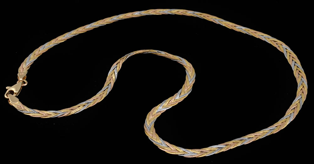 14K Tri-Tone Gold Woven Flat Herringbone Chain Necklace and Bracelet Set