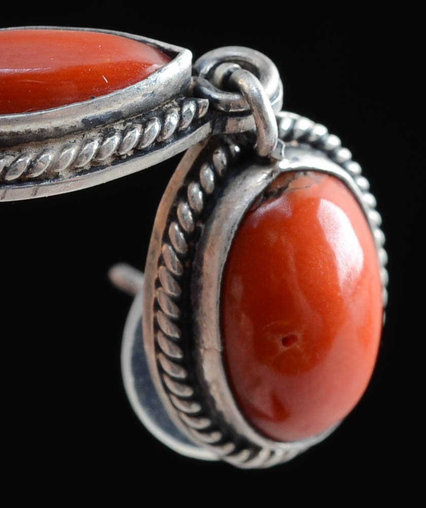Jeanne & Felix Tsinijinnie Signed Native American Navajo Sterling Silver and Red Coral Dangle Earrings