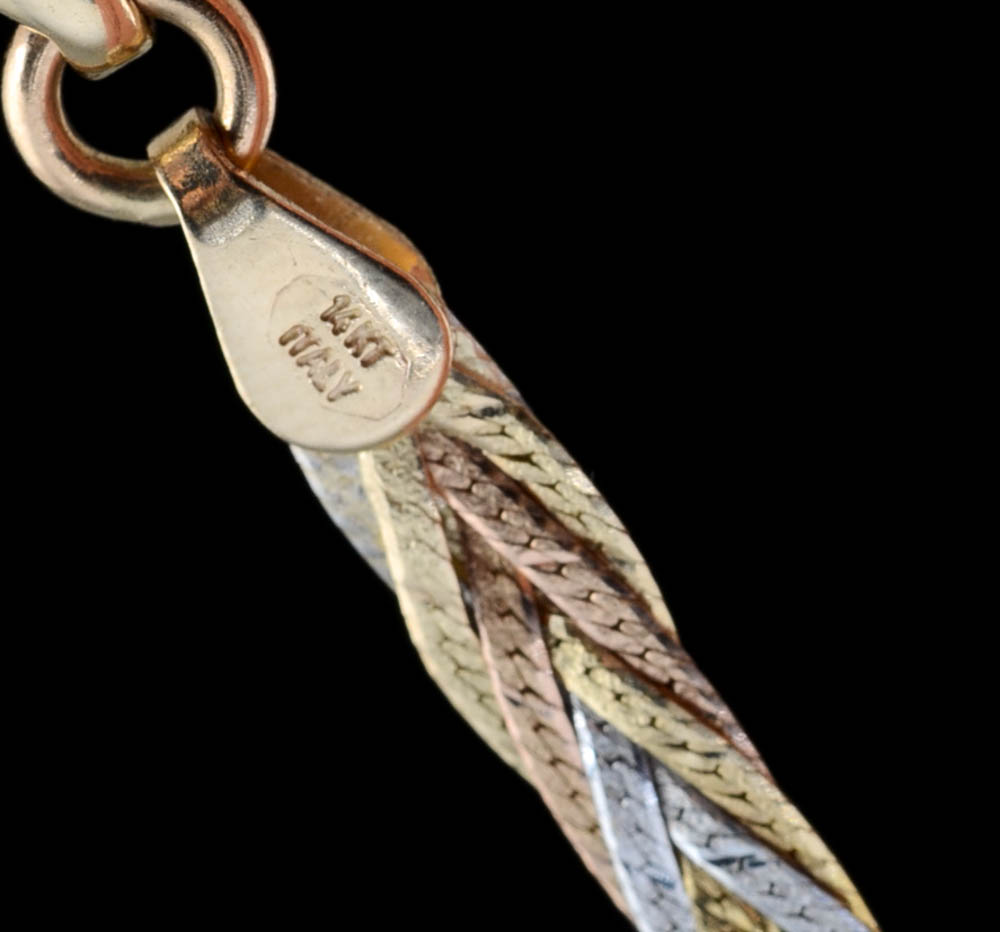 14K Tri-Tone Gold Woven Flat Herringbone Chain Necklace and Bracelet Set