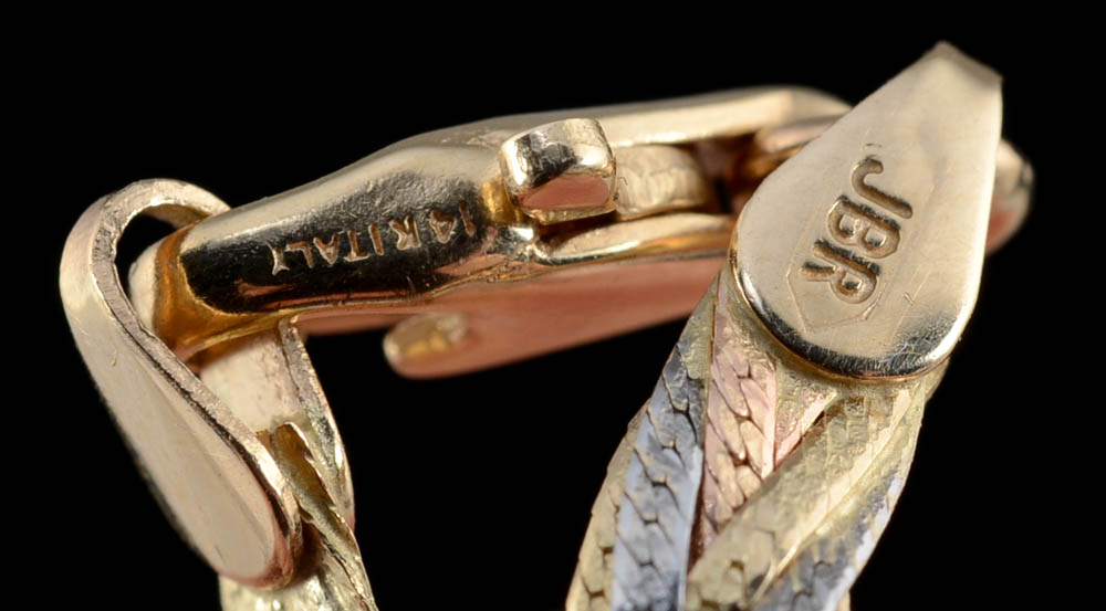 14K Tri-Tone Gold Woven Flat Herringbone Chain Necklace and Bracelet Set