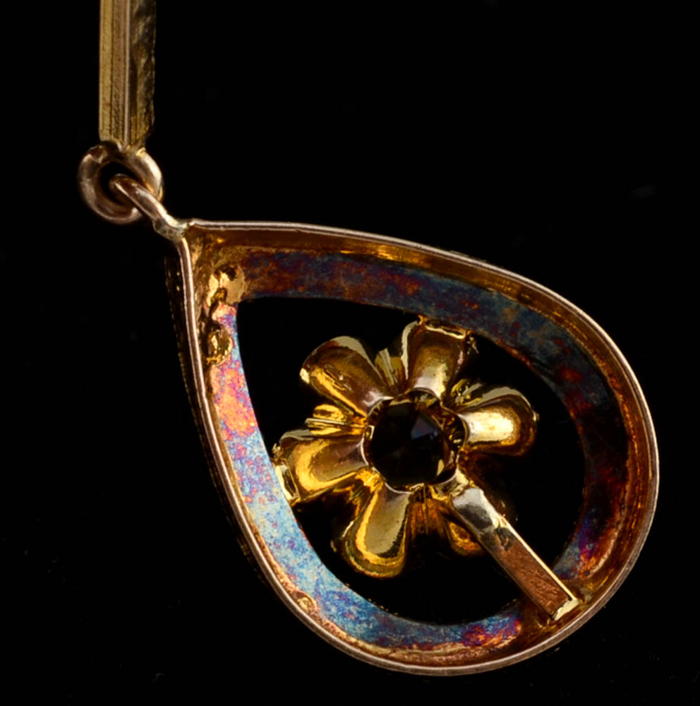 10K Yellow Gold Pear Shape Openwork Drop Pendant with Citrine Hued Glass Stones and 14K Bale