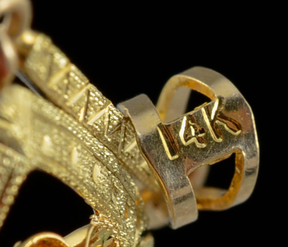 10K Yellow Gold Pear Shape Openwork Drop Pendant with Citrine Hued Glass Stones and 14K Bale