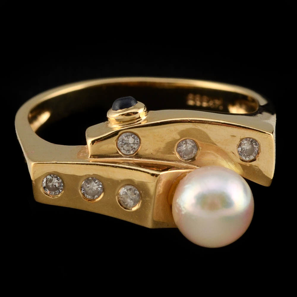 14K Yellow Gold, Cultured Pearl, Blue Sapphire, and Diamond Ring