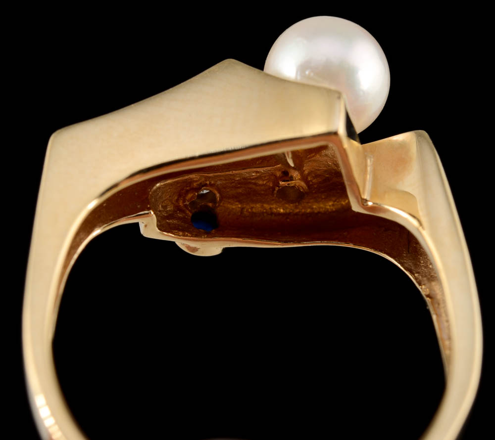 14K Yellow Gold, Cultured Pearl, Blue Sapphire, and Diamond Ring