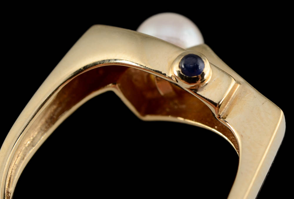 14K Yellow Gold, Cultured Pearl, Blue Sapphire, and Diamond Ring