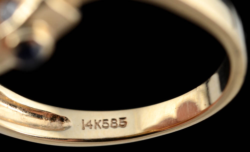 14K Yellow Gold, Cultured Pearl, Blue Sapphire, and Diamond Ring