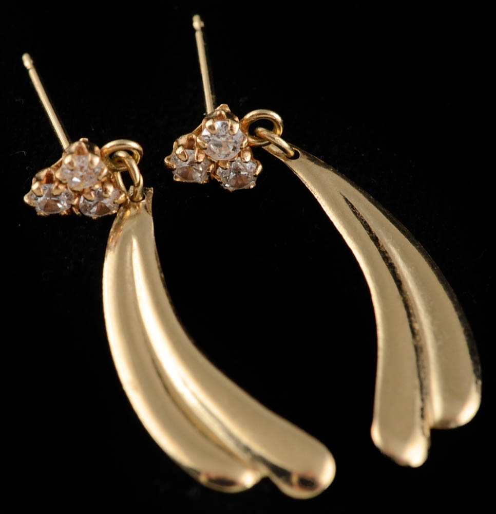 Three Pair of 14K Yellow Gold Pierced Earrings Including Opal, Garnet, and CZ Stones