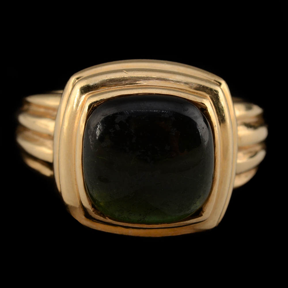 14K Yellow Gold Green Tourmaline Fluted Ring