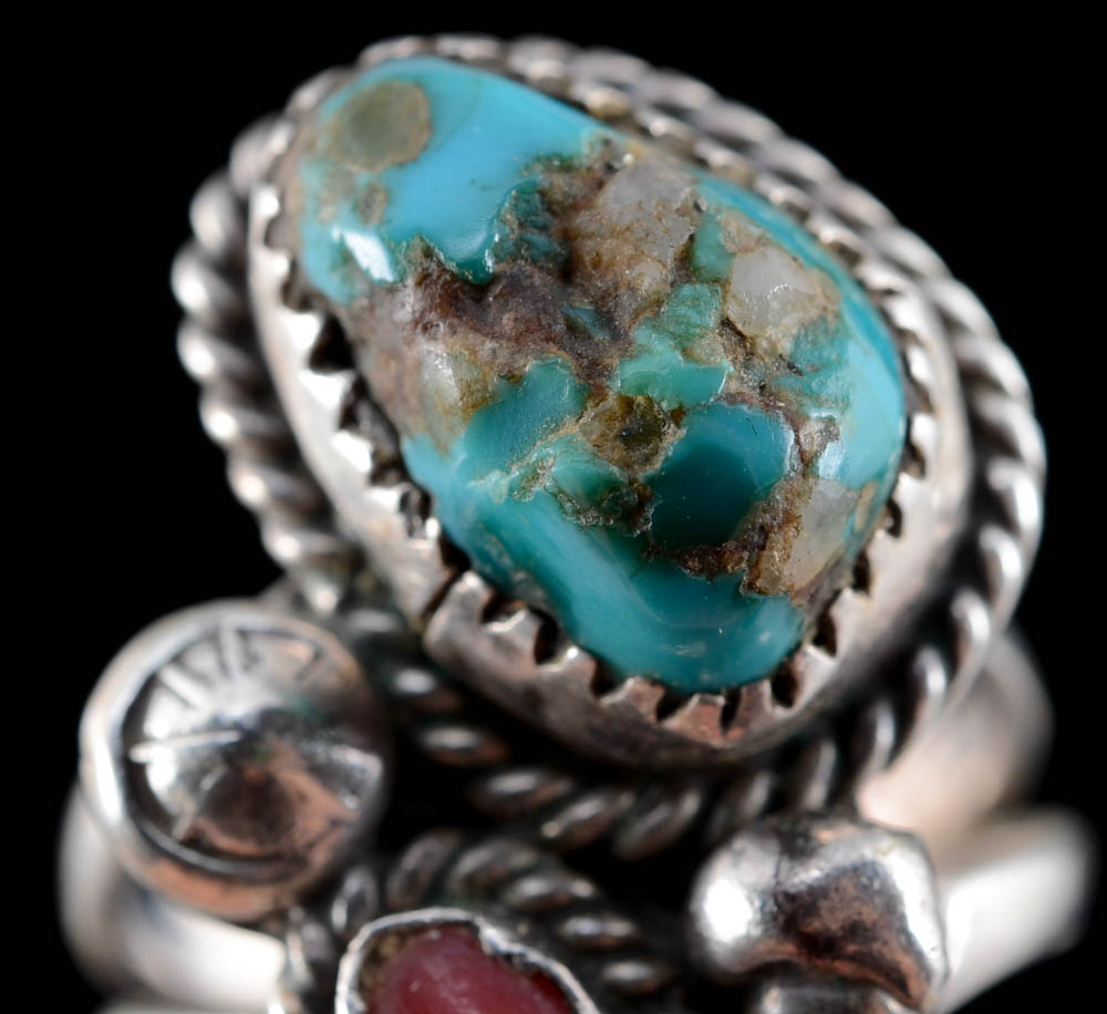 Vintage Native American Navajo Sterling Silver, Turquoise and Red Coral Ring