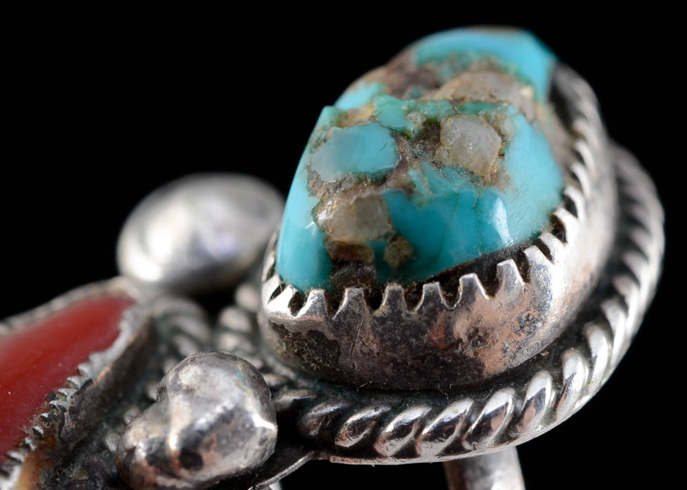 Vintage Native American Navajo Sterling Silver, Turquoise and Red Coral Ring