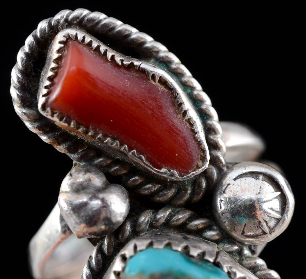 Vintage Native American Navajo Sterling Silver, Turquoise and Red Coral Ring