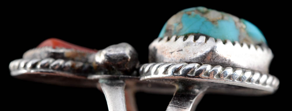 Vintage Native American Navajo Sterling Silver, Turquoise and Red Coral Ring
